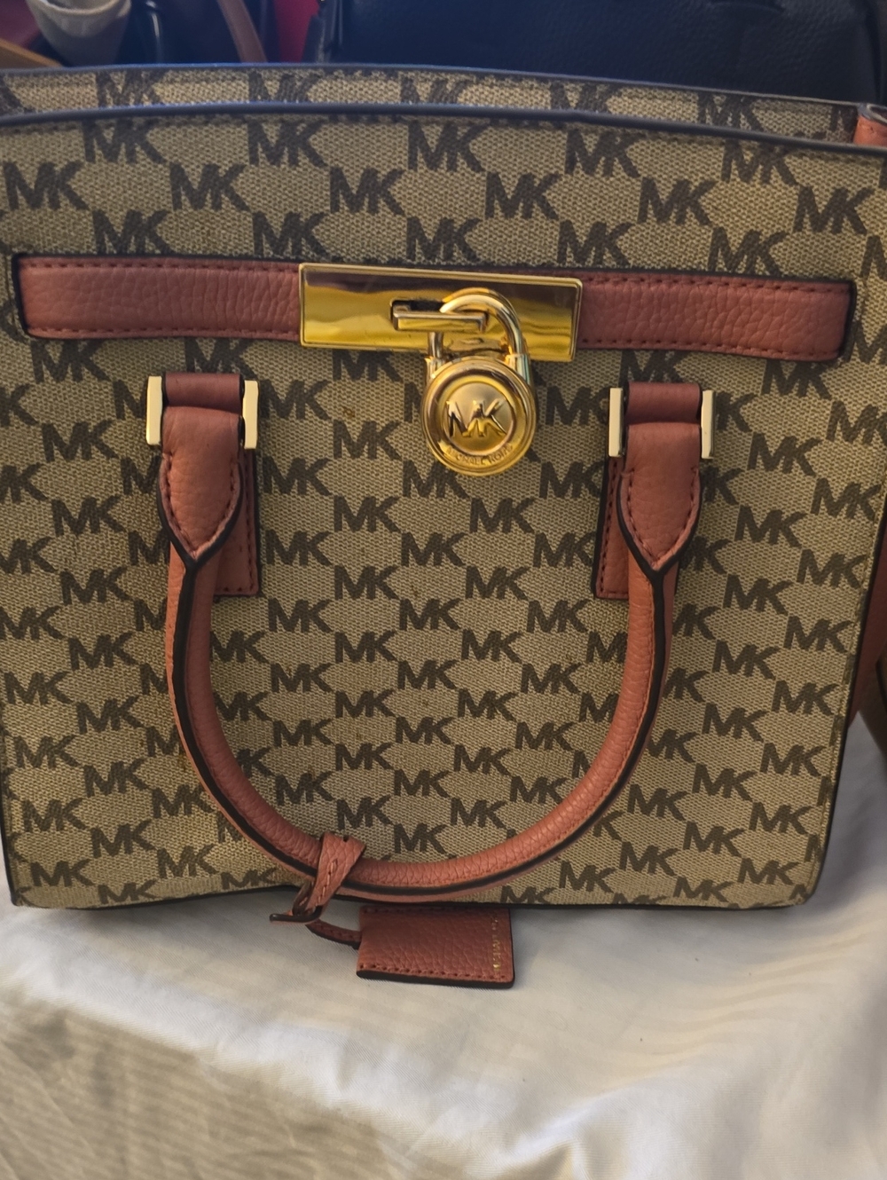 Michael Kors Tan Logo Satchel with Brown Trim and Gold Hardware